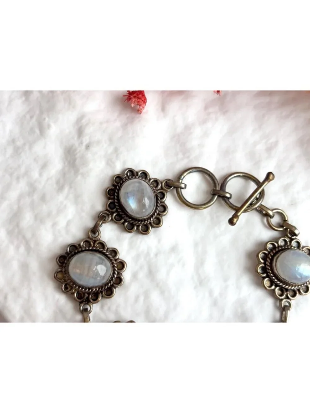 Iridescent Moonstone Vermeil Floral Sterling Silver 925 Vintage Bracelet
